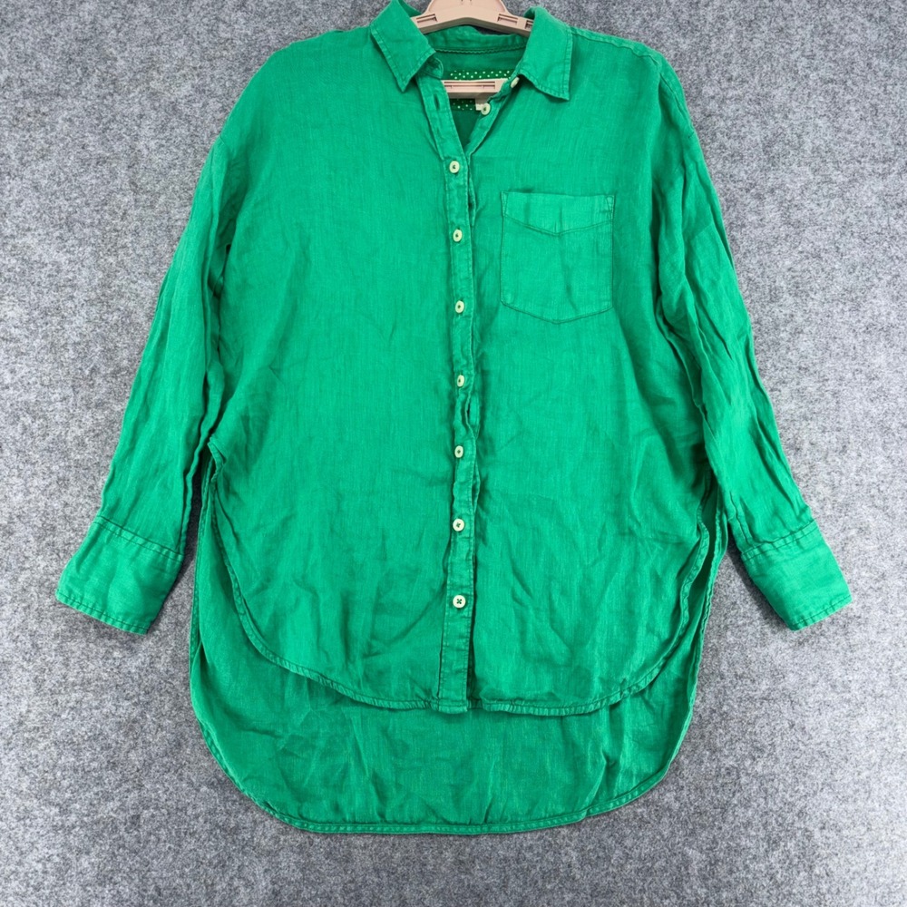 Maeve Anthropologie Green 100% Linen Button Down High Low Shirt XS OB1783809